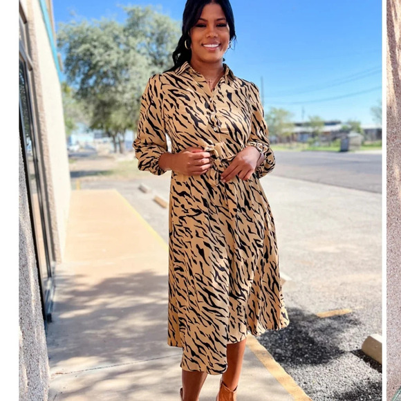 ENTRO Camel Animal Stripe ButtonDown Collared Midi Dress. Size small - Picture 2 of 16
